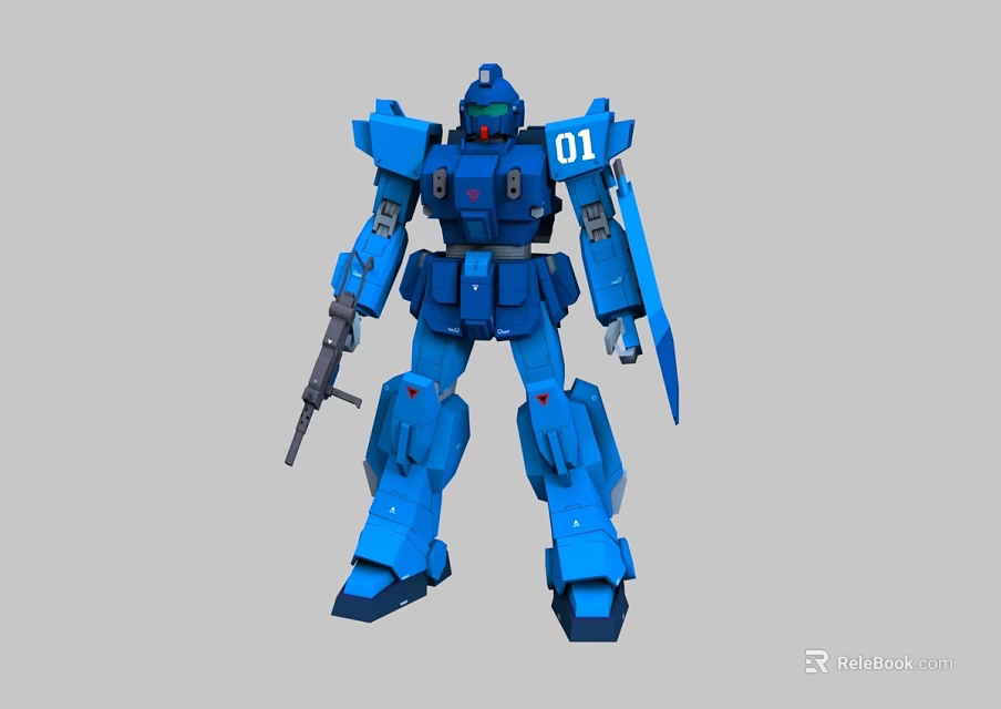 Blue Mech Robot Game Movie Character With Number 01 And Weapon In Hand 3d model 
