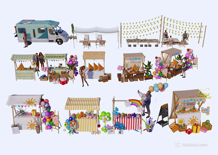 Vibrant Outdoor Market Scene With Food Truck Stalls Tents Balloons And People 3d model 