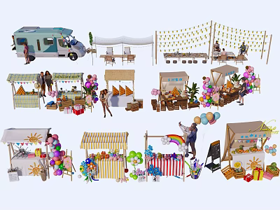 Vibrant Outdoor Market Scene With Food Truck Stalls Tents Balloons And People 3d model