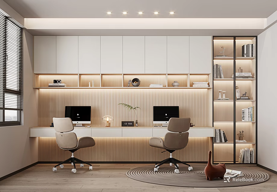 Modern Home Office With Dual Workstations Computers Office Chairs Built in Bookshelves And Recessed Lighting 3d model 