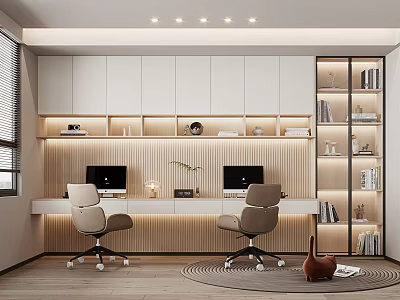 Modern Home Office With Dual Workstations Computers Office Chairs Built in Bookshelves And Recessed Lighting 3d model