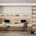 Modern Home Office With Dual Workstations Computers Office Chairs Built in Bookshelves And Recessed Lighting