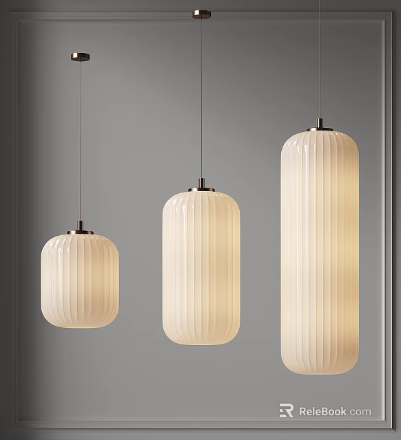 Modern White Ribbed Pendant Lights With Metal Base Hanging In Room 3d model 