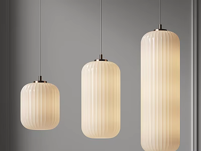 Modern White Ribbed Pendant Lights With Metal Base Hanging In Room 3d model