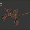 Vintage Military Field Artillery Gun with Long Cannon Barrel Green Gun Carriage and Wheels