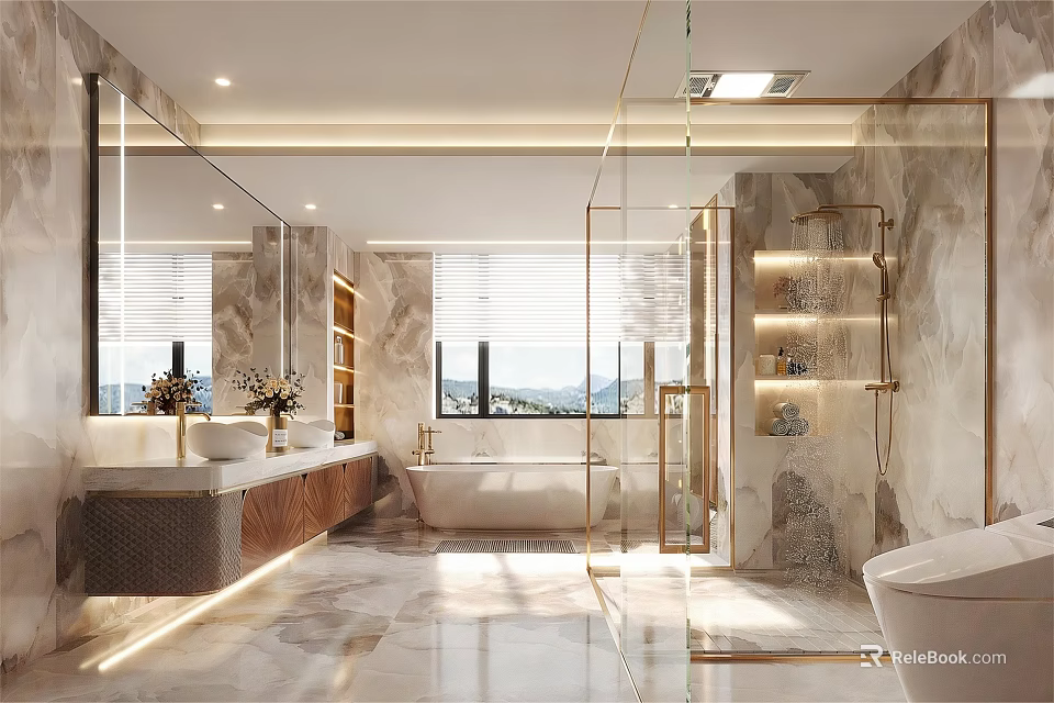 Luxurious Modern Bathroom Interior With Marble Walls Bathtub Glass Shower And Natural Light 3d model 
