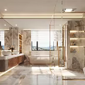 Luxurious Modern Bathroom Interior With Marble Walls Bathtub Glass Shower And Natural Light