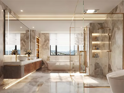 Luxurious Modern Bathroom Interior With Marble Walls Bathtub Glass Shower And Natural Light 3d model