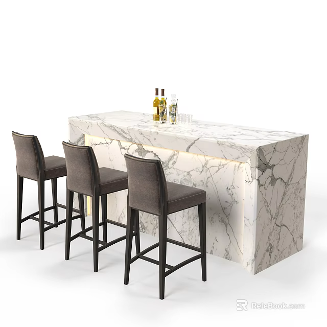Elegant Bar Area Featuring Marble Counter Stools Wine Bottles And Glasses 3d model