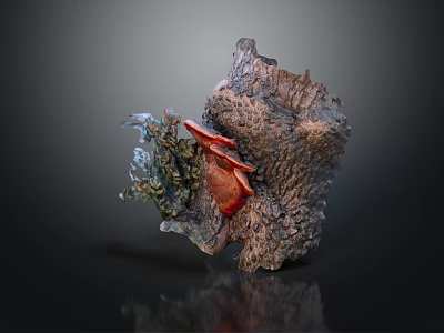 Artistic Vegetable Sculpture With Red Mushroom Green Plants And Textured Bark Surface 3d model