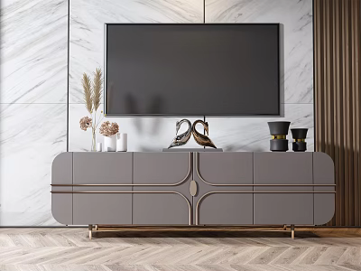 Modern Gray TV Stand With Gold Legs And Decorative Items On Marble Wall 3d model