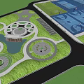 Beautiful Park Landscape With Lush Trees Curved Walkways Pond Green Lawns And Pavilion
