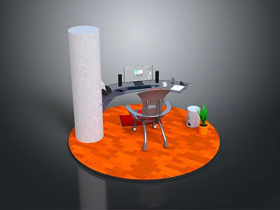 Circular Platform With Orange Floor White Cylindrical Pillar Desk Chair Green Plant And White Container 3d model