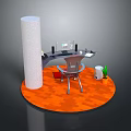 Circular Platform With Orange Floor White Cylindrical Pillar Desk Chair Green Plant And White Container