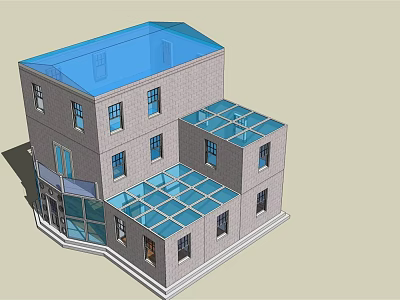 Modern Two Story Detached Villa With Gray Exterior Blue Roof And Glass Structure 3d model