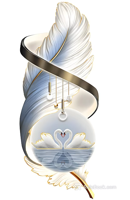 White Feather Decorative Ornament With Spiral Design And Gold Swan Accents 3d model 