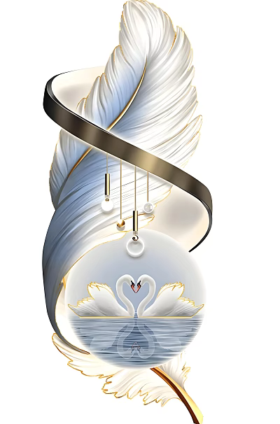 White Feather Decorative Ornament With Spiral Design And Gold Swan Accents 3d model