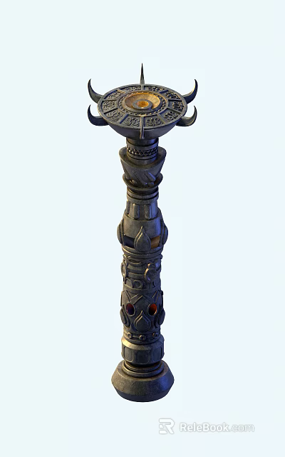 Decorative Carved Pillar With Intricate Skull Design And Red Accents 3d model 