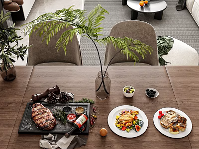 Grilled Steak Roasted Chicken And Fresh Salad On Wooden Dining Table With Fern Plant 3d model