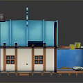 Cartoon Style House With Blue Wave Roof White Walls Brown Door And Small Pool With Plants