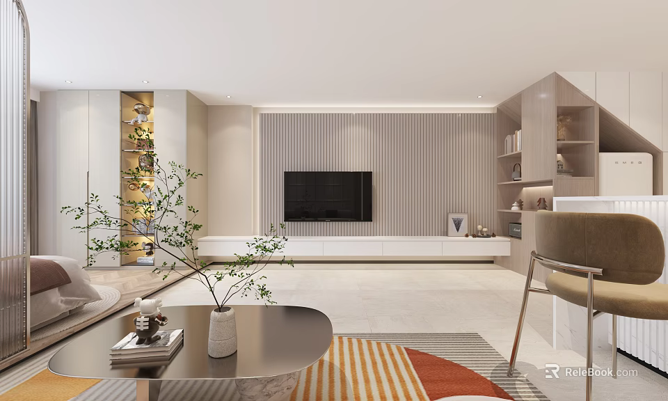 Modern Apartment Living Room Interior With TV Wall Shelves And Plants 3d model 