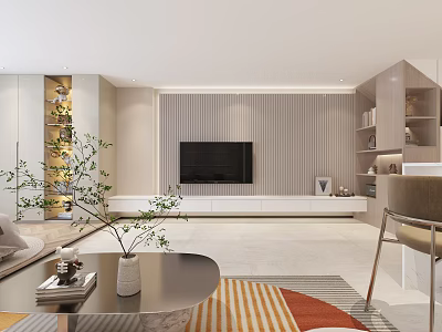 Modern Apartment Living Room Interior With TV Wall Shelves And Plants 3d model