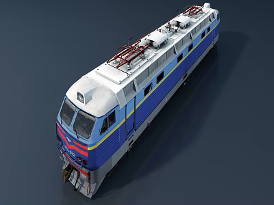Modern Electric Train Locomotive With Blue White Gray Body Yellow Stripes And Red Top Equipment 3d model