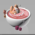 Cute Cartoon Rabbit In White Bowl With Pink Swirl Orange Pink Stars And Pink Cubes