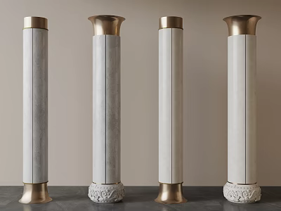 Four Modern Cylindrical Marble Columns With Gold Accents And Carved Bases 3d model