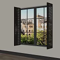 Open Dark Window Shutters With Building View And Greenery In Interior 3d model