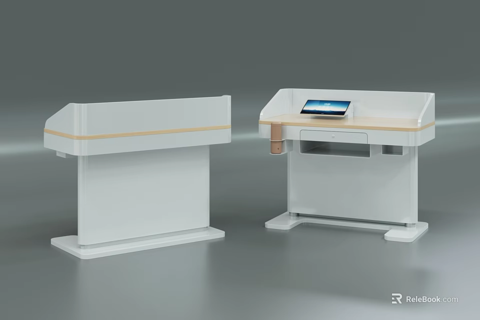 White Modern Console Desk With Screen And Sleek Service Counter Design 3d model 