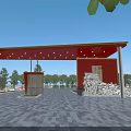 Entrance Gate Featuring Red Roof Golden Decorations Red Walls Columns Glass Door And Stone Steps