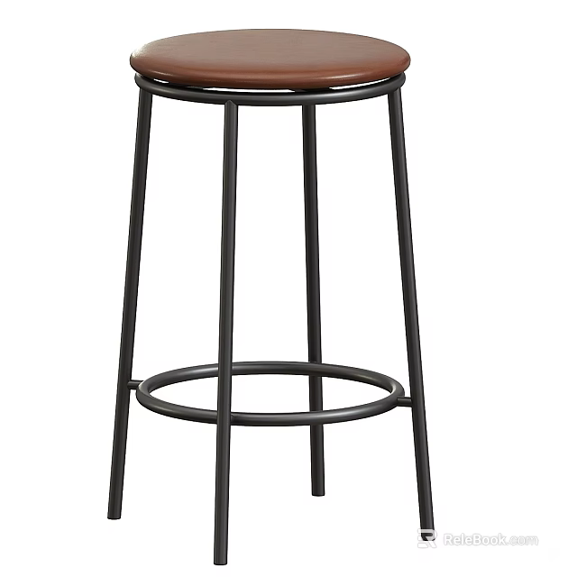 Stylish Bar Stool With Black Metal Frame And Round Brown Leather Seat 3d model 