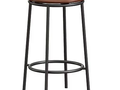 Stylish Bar Stool With Black Metal Frame And Round Brown Leather Seat 3d model