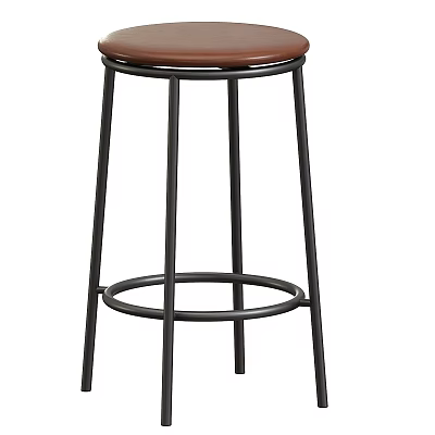 Stylish Bar Stool With Black Metal Frame And Round Brown Leather Seat 3d model