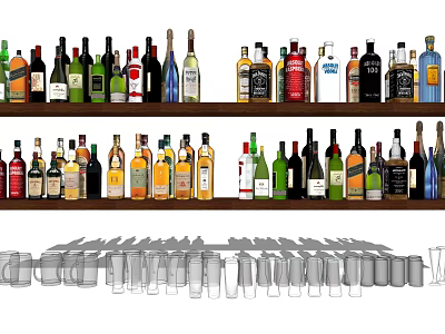 Stylish Wall Cabinets Displaying Assorted Wine Bottles And Glasses In Home Bar Setup 3d model
