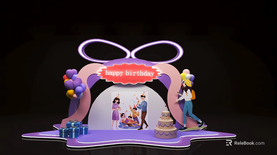 Birthday Celebration Setup With People Celebrating Colorful Balloons Gift Boxes And Cake 3d model 