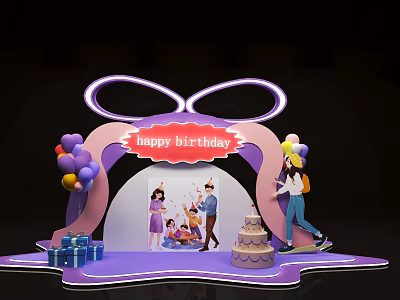 Birthday Celebration Setup With People Celebrating Colorful Balloons Gift Boxes And Cake 3d model
