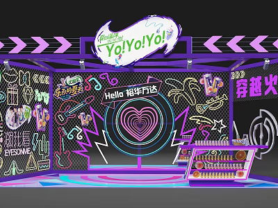 Vibrant Neon Themed Booth With YaYaYo Signage CrossFire Elements And Colorful Decorations 3d model