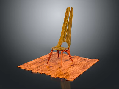 Unique Wooden Chair With Slim Backrest And Three Legs On Wooden Platform 3d model