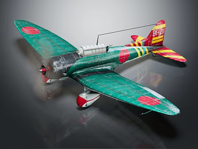 Vintage Green Fighter Plane With Red Circular Emblems On Wings And Colorful Tail Stripes 3d model