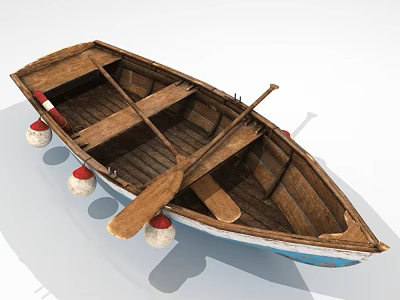 Traditional Wooden Boat With Wooden Oars Red White Buoys And Interior Wooden Seats 3d model