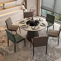 Round Dining Table Set With Six Chairs Round Rug Decorative Vase Tableware And Window Greenery 3d model