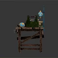 Wooden Furniture Including Small Table Large Desk With Blue Ornaments Open Box And Green Plants