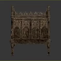 Antique Wooden Bench With Intricate Carved Backrest And Detailed Decorative Armrests