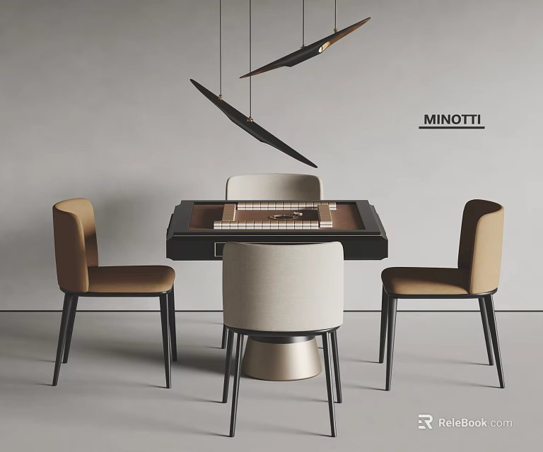 MINOTTI Dining Table And Chair Set With Beige White Chairs Hanging Geometric Pendant Lights 3d model 