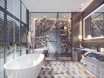 Modern Bathroom With White Bathtub Glass Shower Marble Walls Double Sink Vanity And Geometric Tiles 3d model
