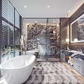 Modern Bathroom With White Bathtub Glass Shower Marble Walls Double Sink Vanity And Geometric Tiles