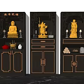 Wooden Chinese Style Buddhist Shrine Cabinet with Intricate Carvings Buddha Statues Candle Holders and Offerings
