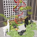 Garden Landscape Design With Green Plants Deer Statues Red Ribbons And Rock Formations
